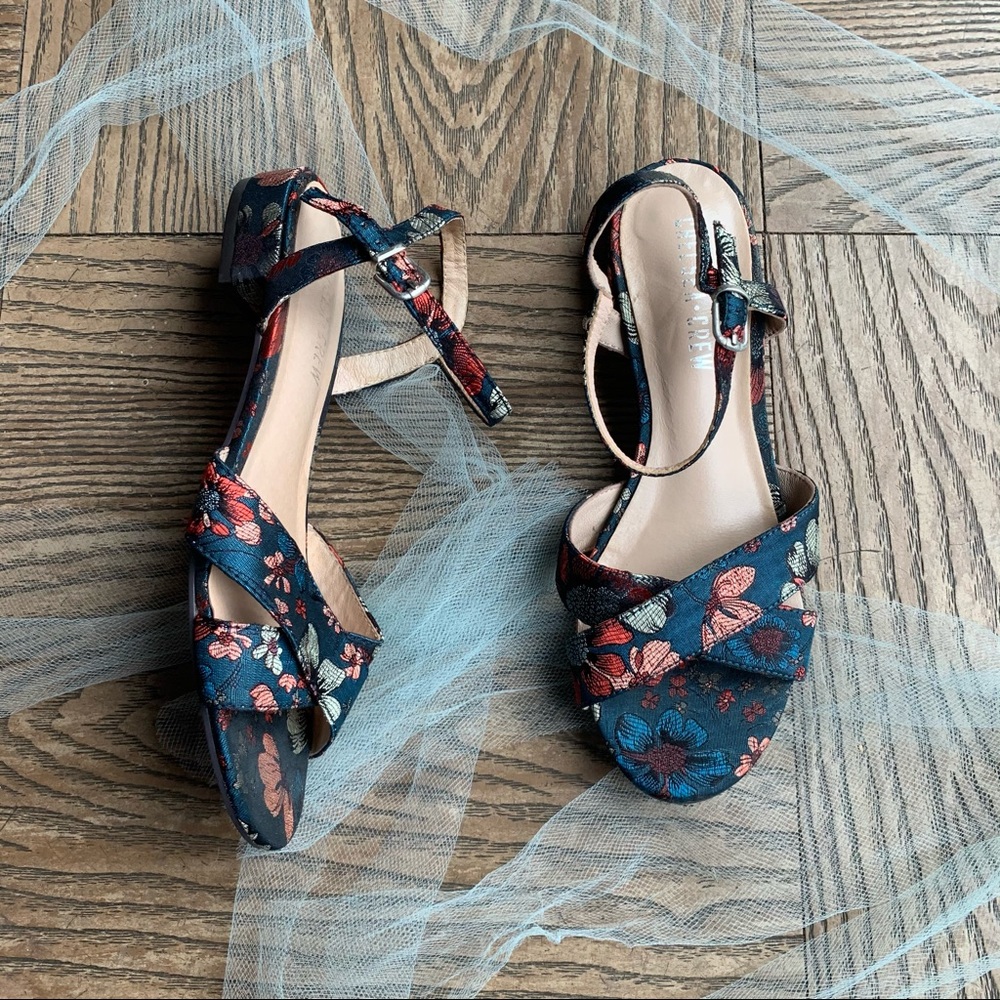 Anthropolgie Navy Baroque Floral Strappy Sandals